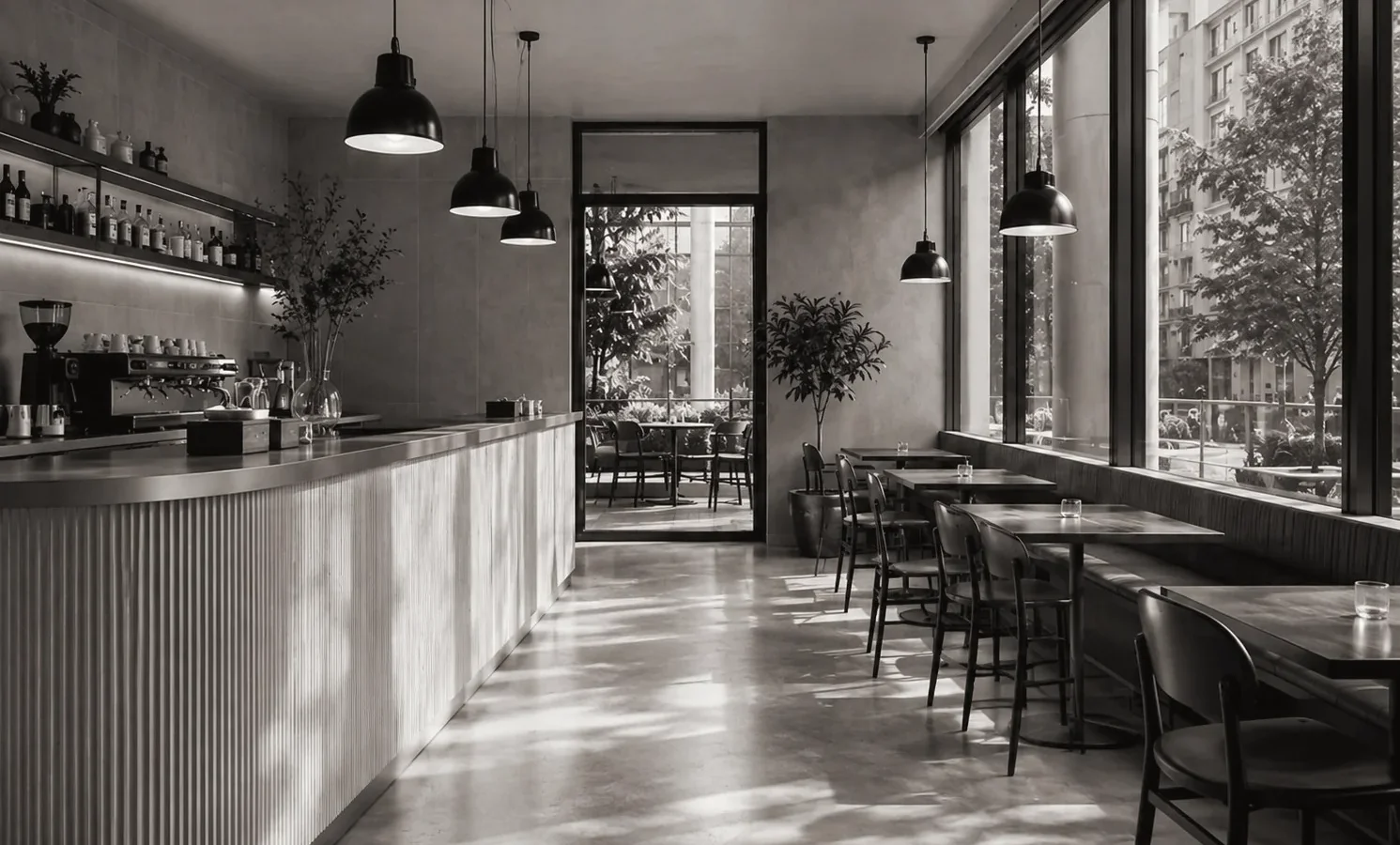 Tadilatı tamamlanmış bir cafenin bar bölümü ve oturma alanı