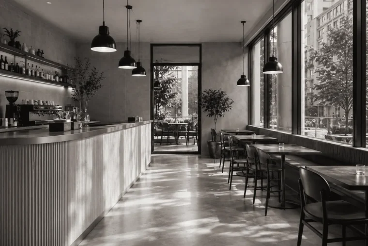 Tadilatı tamamlanmış bir cafenin bar bölümü ve oturma alanı