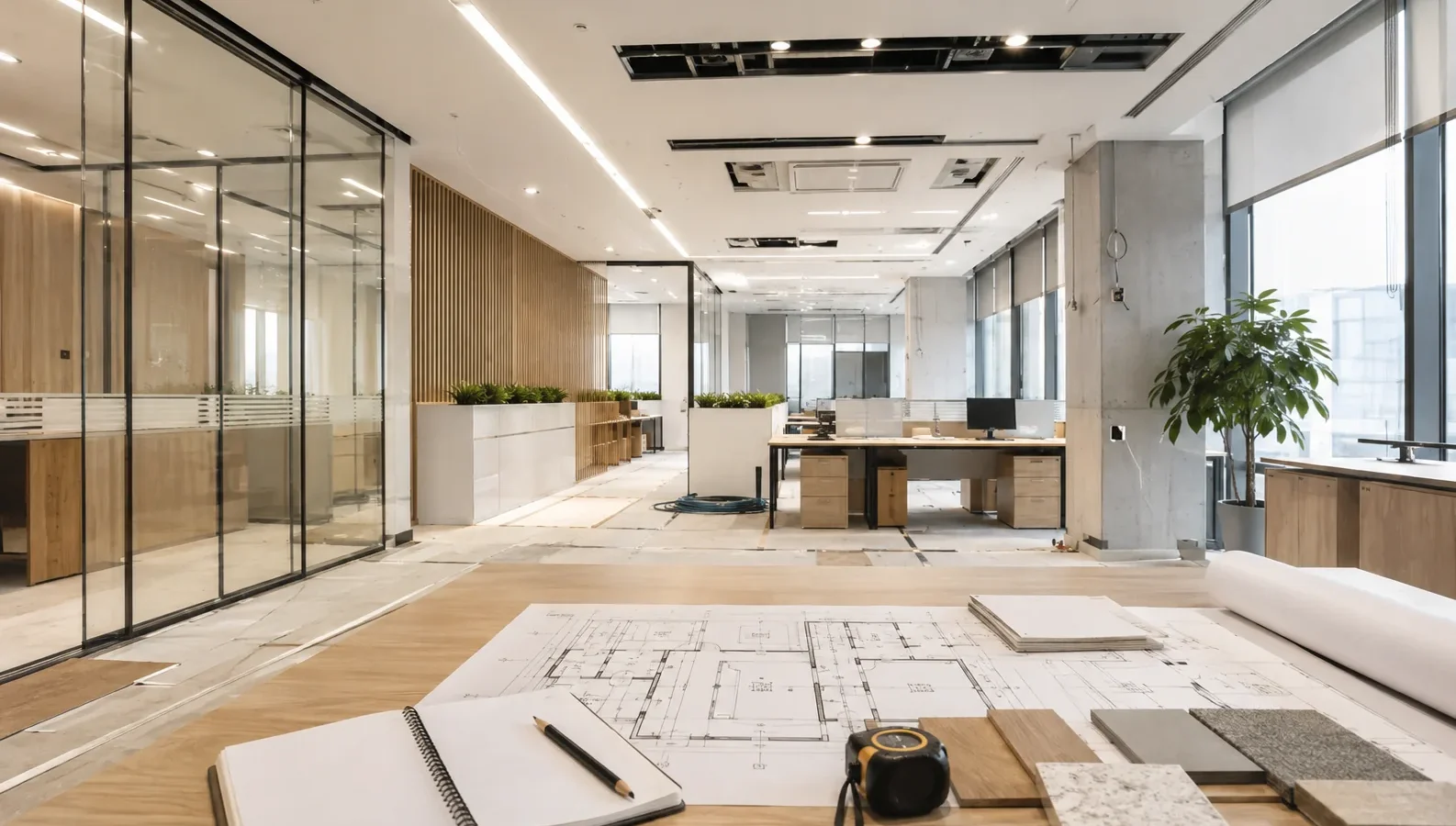 Tadilatı süren bir ofis katı; cam bölmeli toplantı odası, açık çalışma alanı ve önde proje çizimi ile malzeme örnekleri