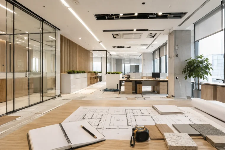 Tadilatı süren bir ofis katı; cam bölmeli toplantı odası, açık çalışma alanı ve önde proje çizimi ile malzeme örnekleri