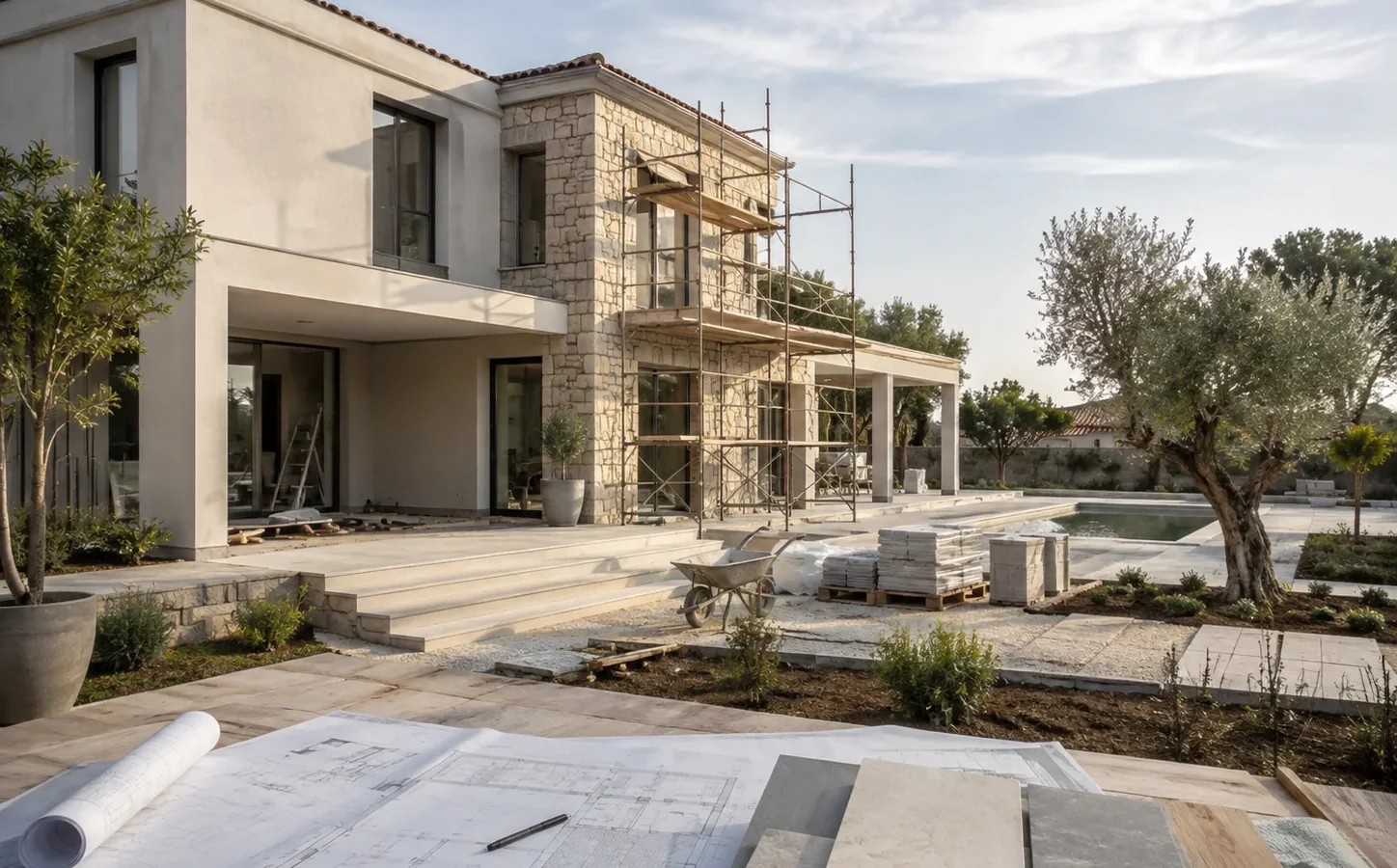 Tadilatı süren bir villanın dış cephesi; iskele, teras uygulaması, havuz çevresi ve peyzaj düzenlemesi bir arada